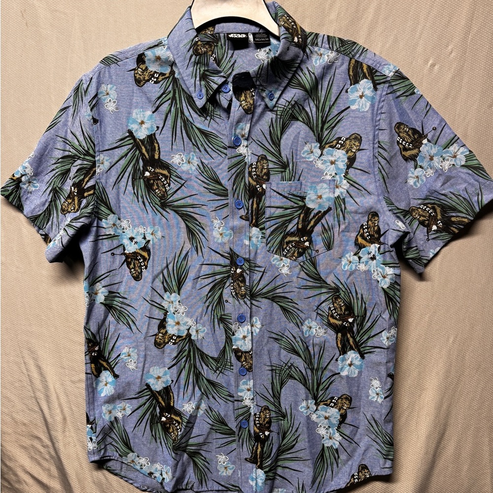 Star Wars Chewbacca Blue Floral Hawaiian Button Down Shirt